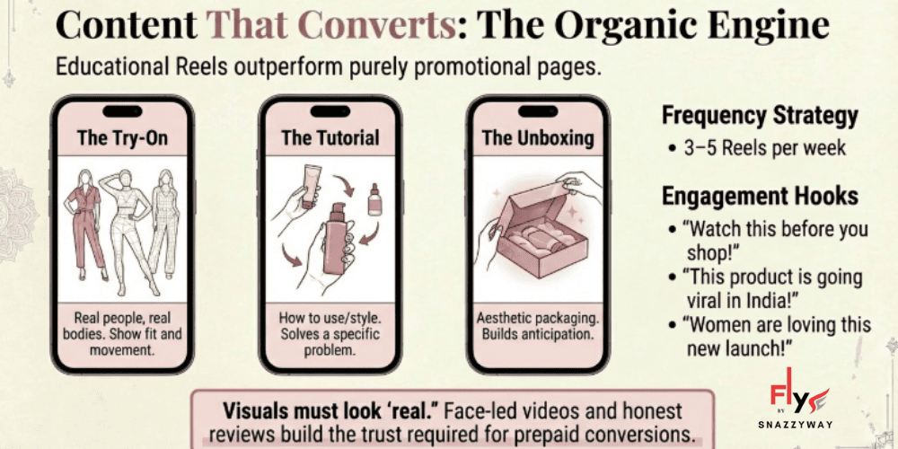 Infographic showing high-converting Instagram reels formats including try-on videos, product tutorials, and unboxing content with posting frequency and engagement hooks