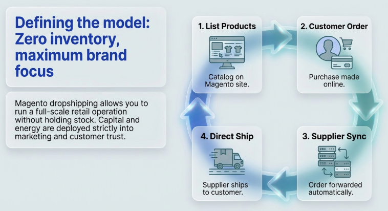 Magento dropshipping workflow showing zero inventory model from product listing to direct shipping