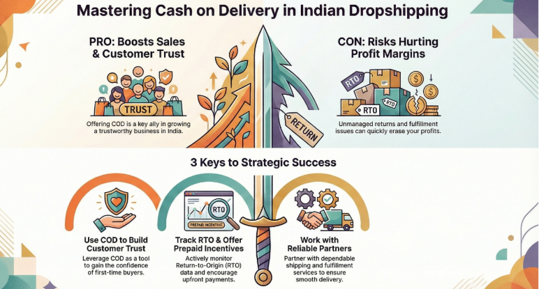 Infographic explaining cash on delivery in Indian dropshipping, showing benefits like customer trust, risks such as RTO losses, and strategies to manage COD profitably.