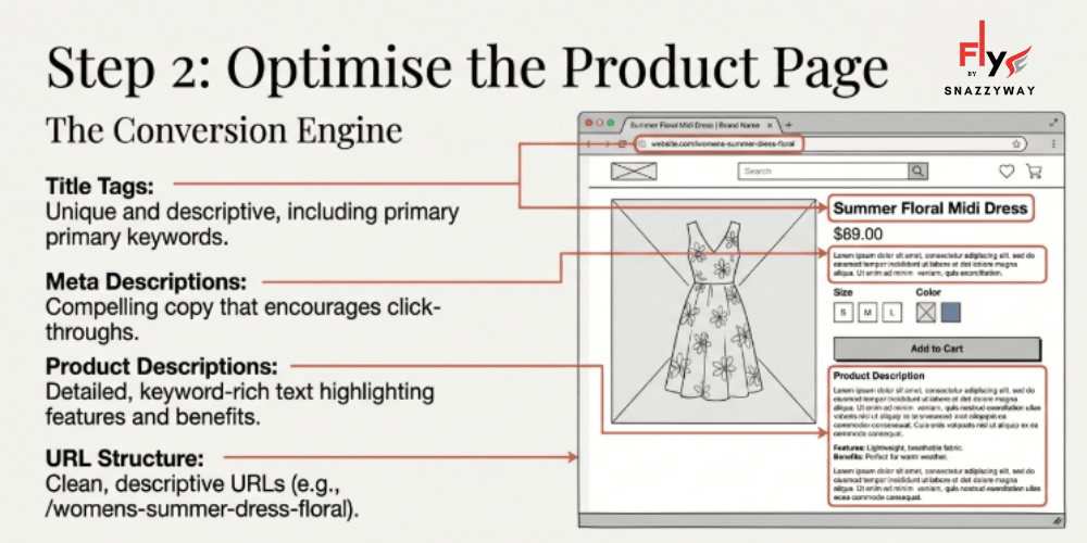 Product page optimization diagram showing SEO elements like title tags, meta descriptions, product descriptions, and clean URLs for better conversions