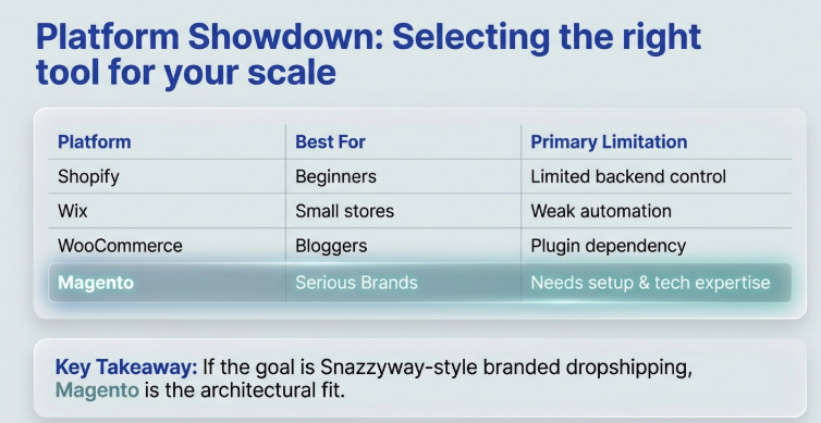 Comparison table showing Shopify, Wix, WooCommerce, and Magento with best use cases and limitations, highlighting Magento as ideal for serious branded dropshipping