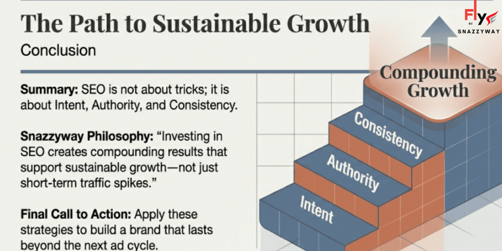 Illustration showing the path to sustainable SEO growth with layered steps of intent, authority, and consistency leading to compounding growth