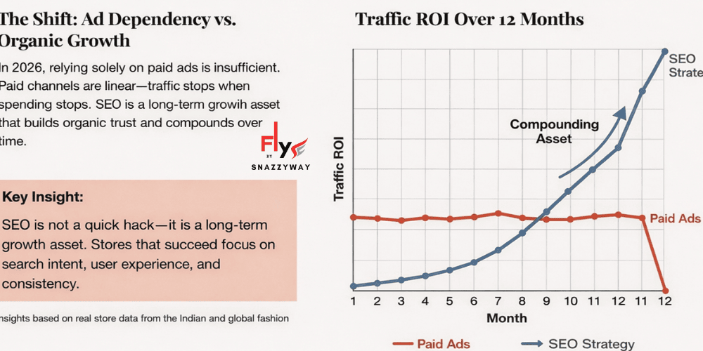 Graph showing SEO traffic ROI steadily increasing over 12 months while paid ads remain flat and decline, explaining SEO as a long-term growth asset in 2026