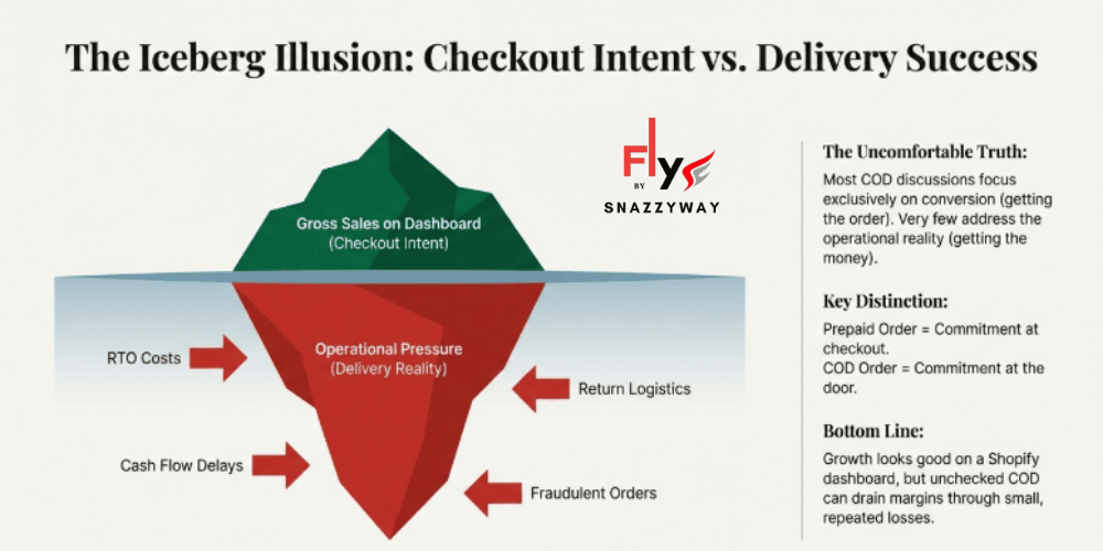 Iceberg infographic explaining the gap between checkout intent and delivery success in Cash on Delivery orders, highlighting RTO costs, return logistics, cash flow delays, and fraud risks