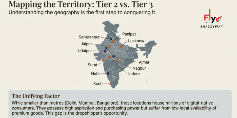 Map of India highlighting Tier-2 and Tier-3 cities such as Jaipur, Lucknow, Surat, Indore, Nagpur, Kochi, and others, showing regional dropshipping opportunities beyond metro markets.