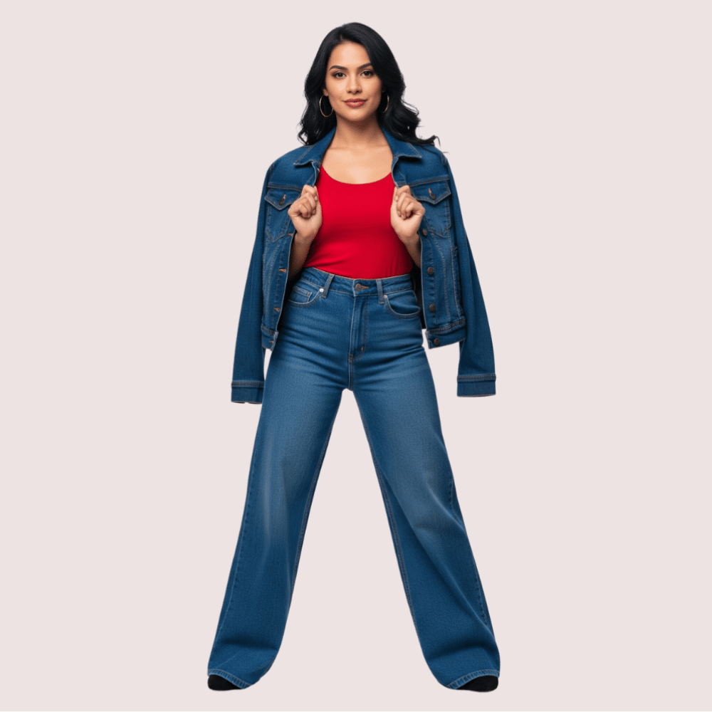 Stylish woman wearing denim jacket and jeans representing women’s clothing dropshipping suppliers India