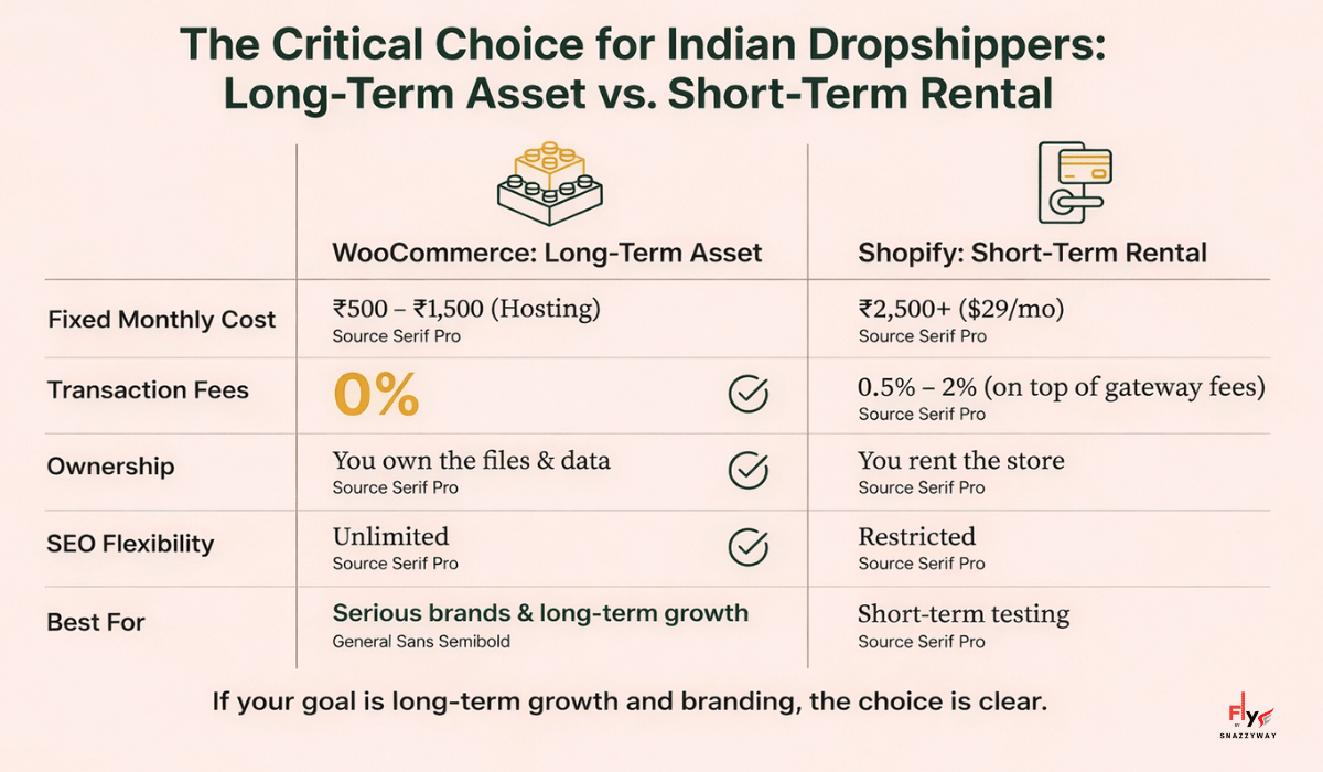 Comparison of WooCommerce and Shopify for Indian dropshippers showing costs, ownership, SEO flexibility, and long-term business value